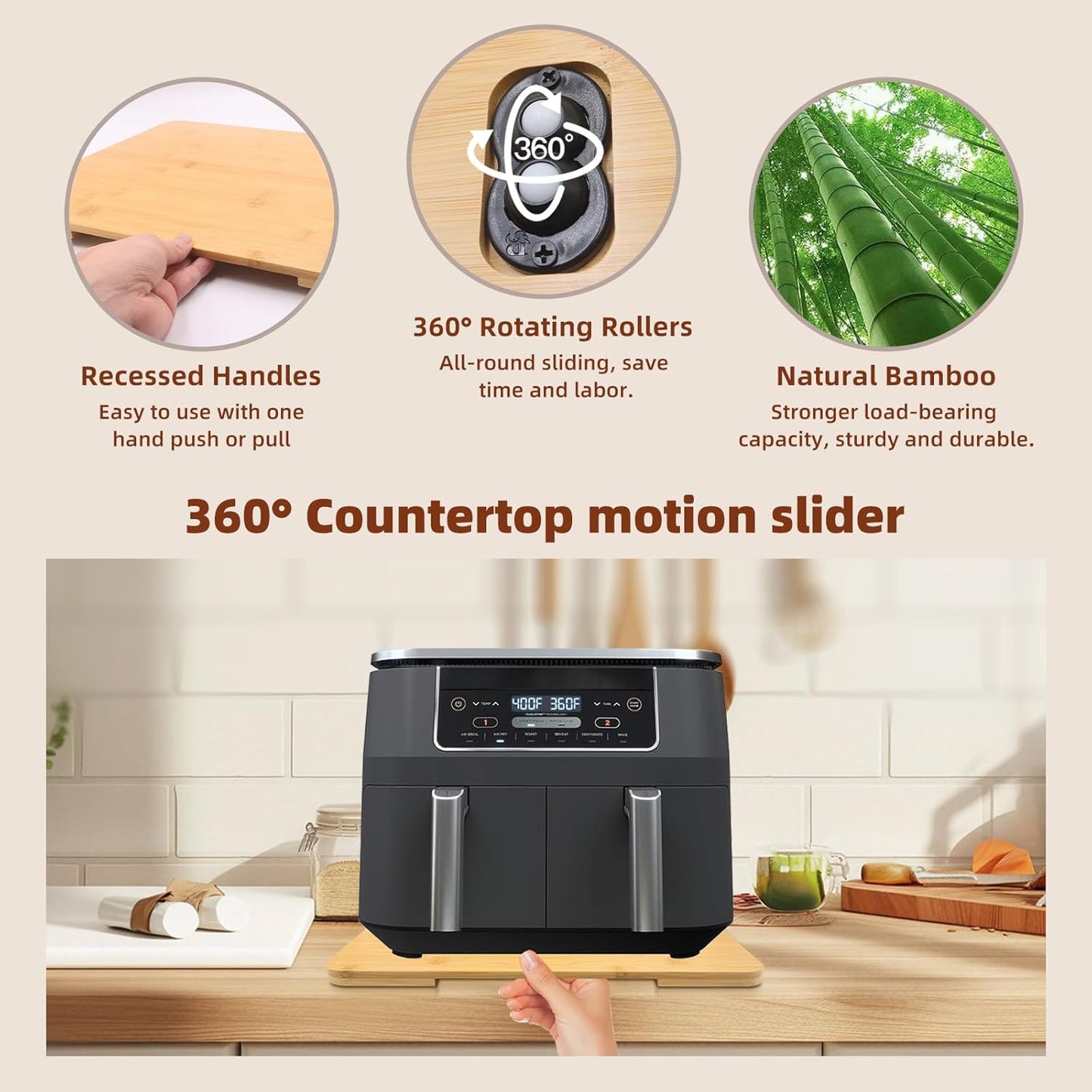 360° Rolling Tray Bamboo Appliance Slider for Kitchen Appliances, for Breville Espresso Machine Accessories, Sliding Tray for Coffee Maker Appliances Mat Easily from Under The Cabinet Natural13"×15.7"