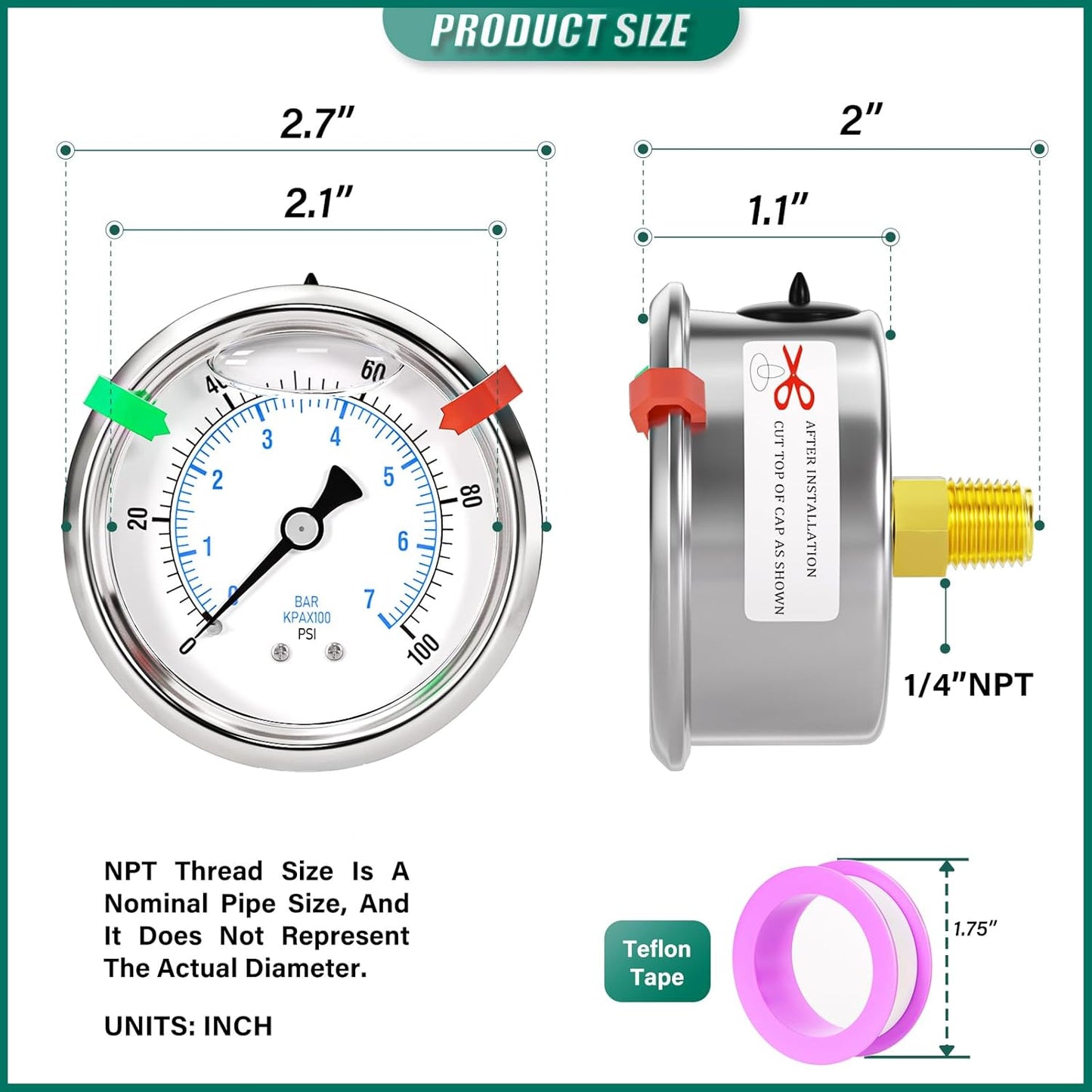 0-100psi Stainless Steel Glycerin Liquid Filled Pressure Gauge 1/4" NPT 2.5" Face Dial Center Back Mount, for Water, Oil and Air Pressure Testing (with Range Mark Pointer)