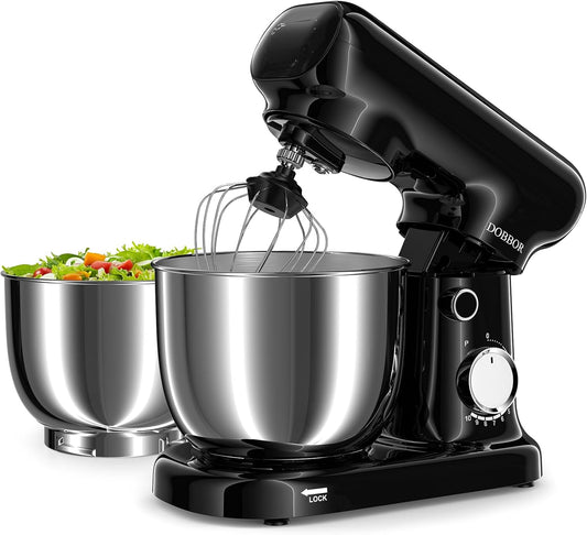 Stand Mixer with 3QT+3.5QT Dual Bowls, 10-Speed Electric 300W Food Mixer - Includes Egg Whisk, Dough Hook & Flat Beater for Home Baking & Daily Cooking (Black)