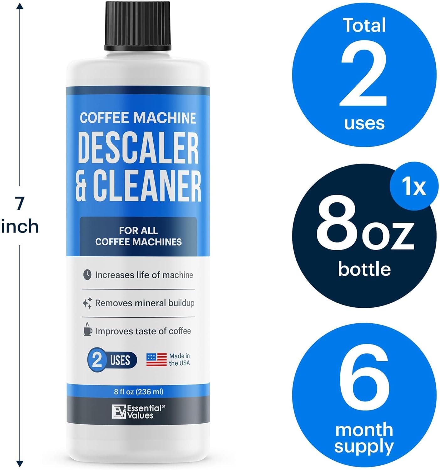 Essential Values Descaling Solution (8 fl oz / 236 ml) – Coffee Maker Cleaner for Nespresso, Keurig, Breville & More – Works on All Machines & Espresso Makers – Made in USA