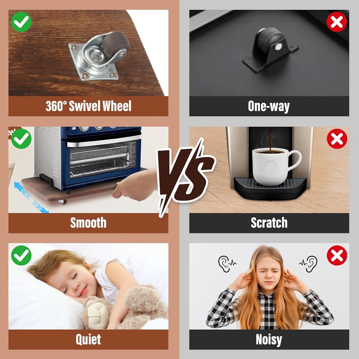 360° Appliance Slider Sliding Tray, Coffee Maker Rolling Tray for Counter Under Cabinet Coffee Pot Mat for Espresso Machine, Toaster, Air Fryer, Quiet Wheels, Brown (Large 15.7"×13")