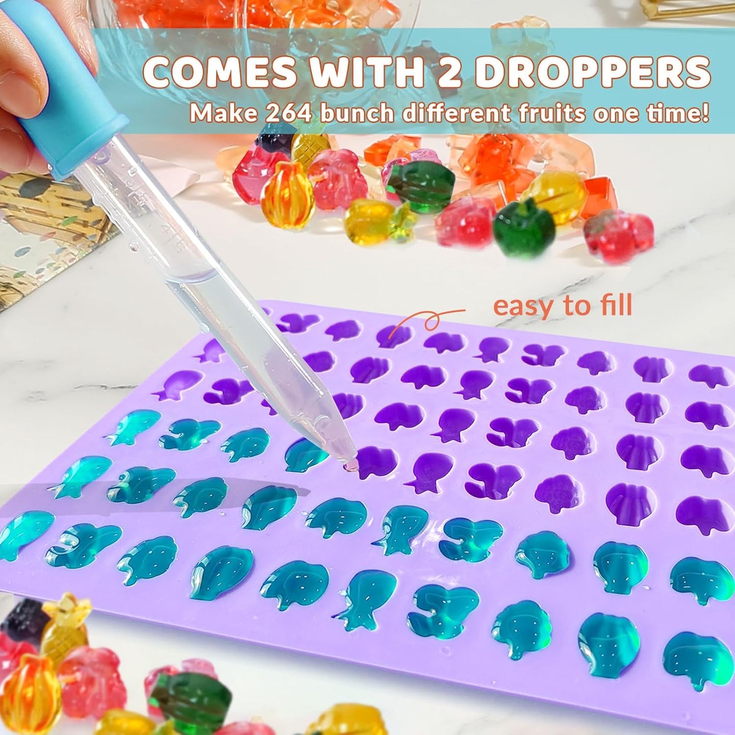 HKNMTT Gummy Fruit Molds Silicone, Mini Cute Fruit Shaped Candy Chocolate Tray Molds With 2 Droppers, 4 Pack 264 Cavities Non-stick Bite Size Kids Apple Molds, DIY Candy Making Kit