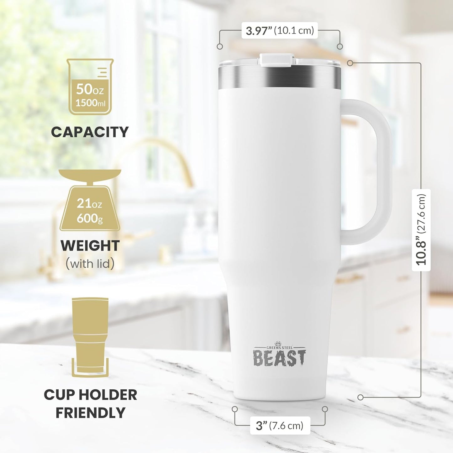 Beast 50 oz Tumbler Stainless Steel Vacuum Insulated Coffee Ice Cup Double Wall Travel Flask (Arctic White)