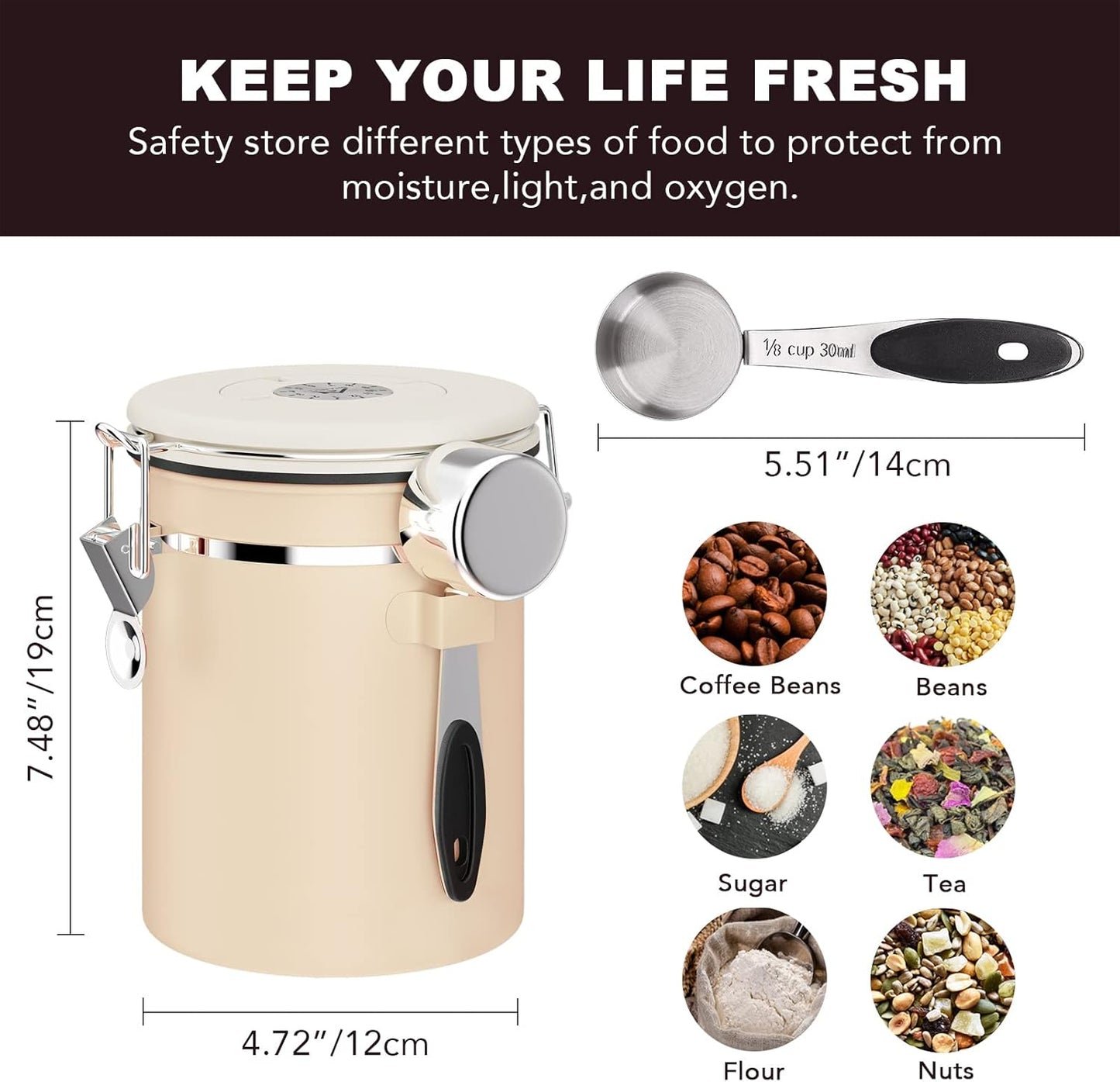 ShanSon Coffee Canister Airtight Coffee Container Stainless Steel Coffee Bean Storage Container with CO2 Release Valve and Scoop Coffee Canister for Beans,Grounds,Sugar,Flour,Tea,Cereal,22OZ,Brown