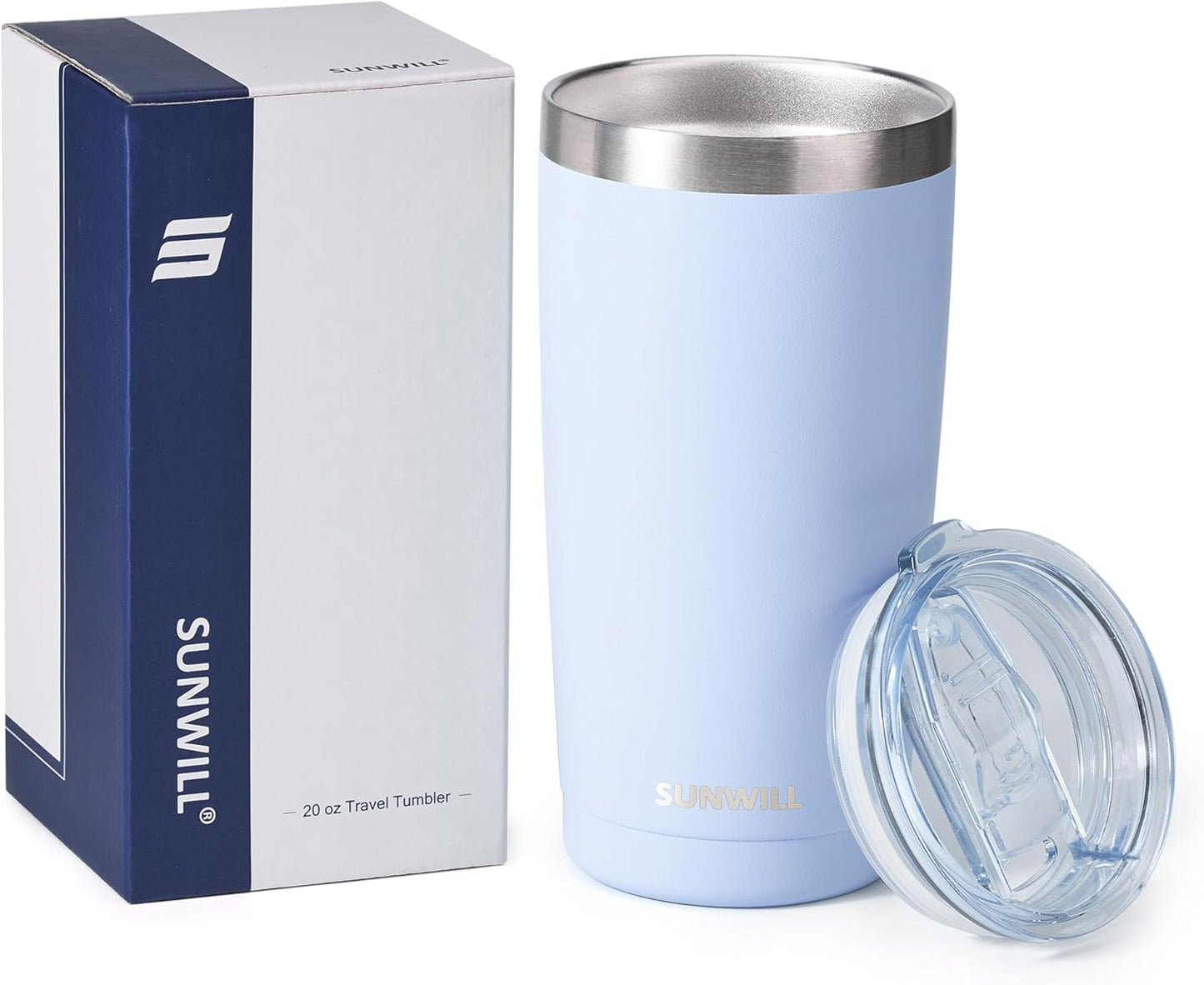 SUNWILL Travel Coffee Tumbler 20 oz, Insulated Mug with Lid, Stainless Steel Cup for Hot and Cold Drinks, Powder Coated Iceberg