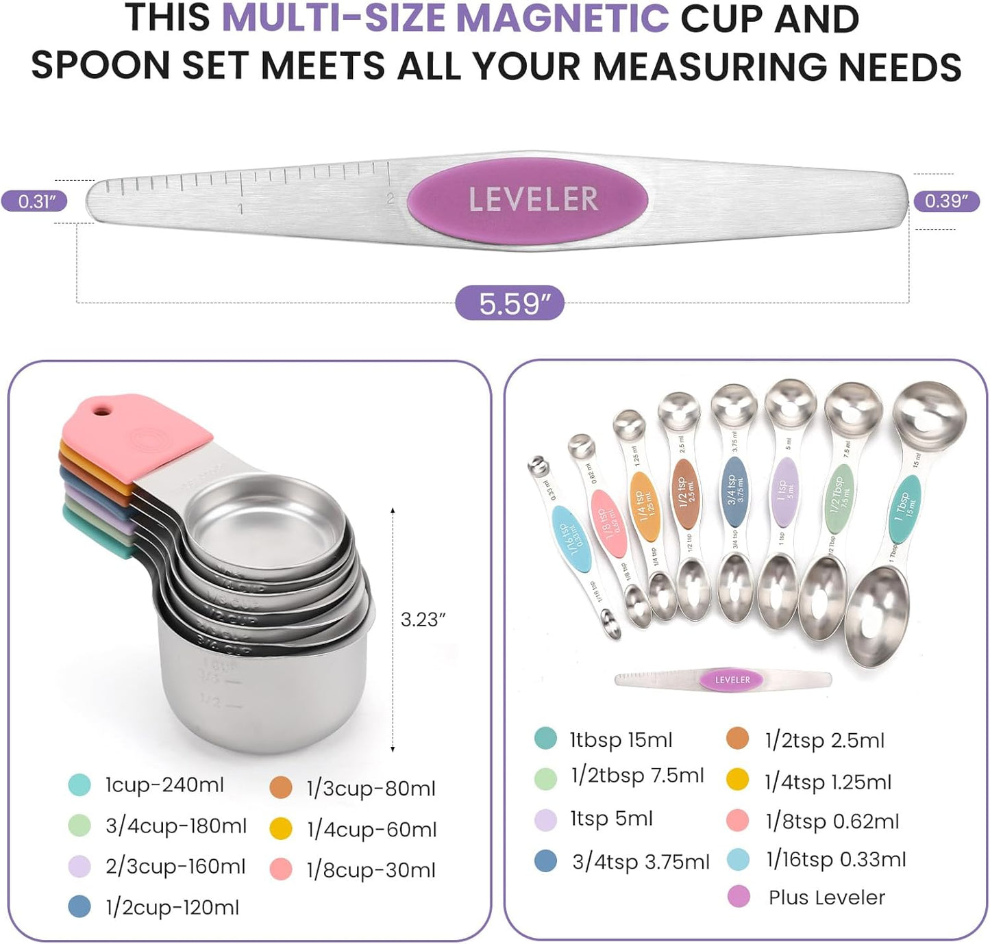 Magnetic Measuring Cups and Spoons Set-Heavy Duty 304 Stainless Steel，Double Measurement Markings，Set of 16 with Leveler for Measure Dry and Liquid Ingredients