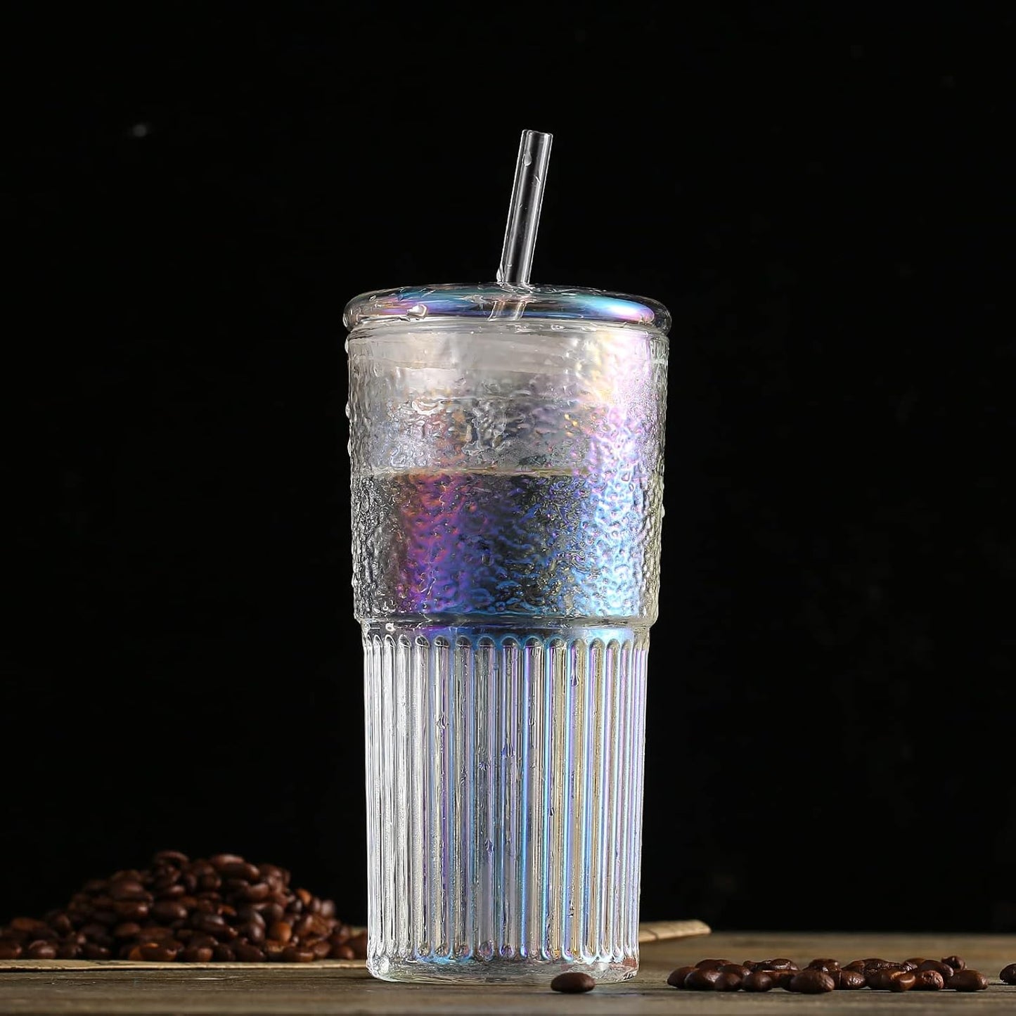 Colorful High Borosilicate Glass Cups With Lids and Glass Straws，20 OZ Rainbow Iced Coffee Water Tumbler Smoothie
