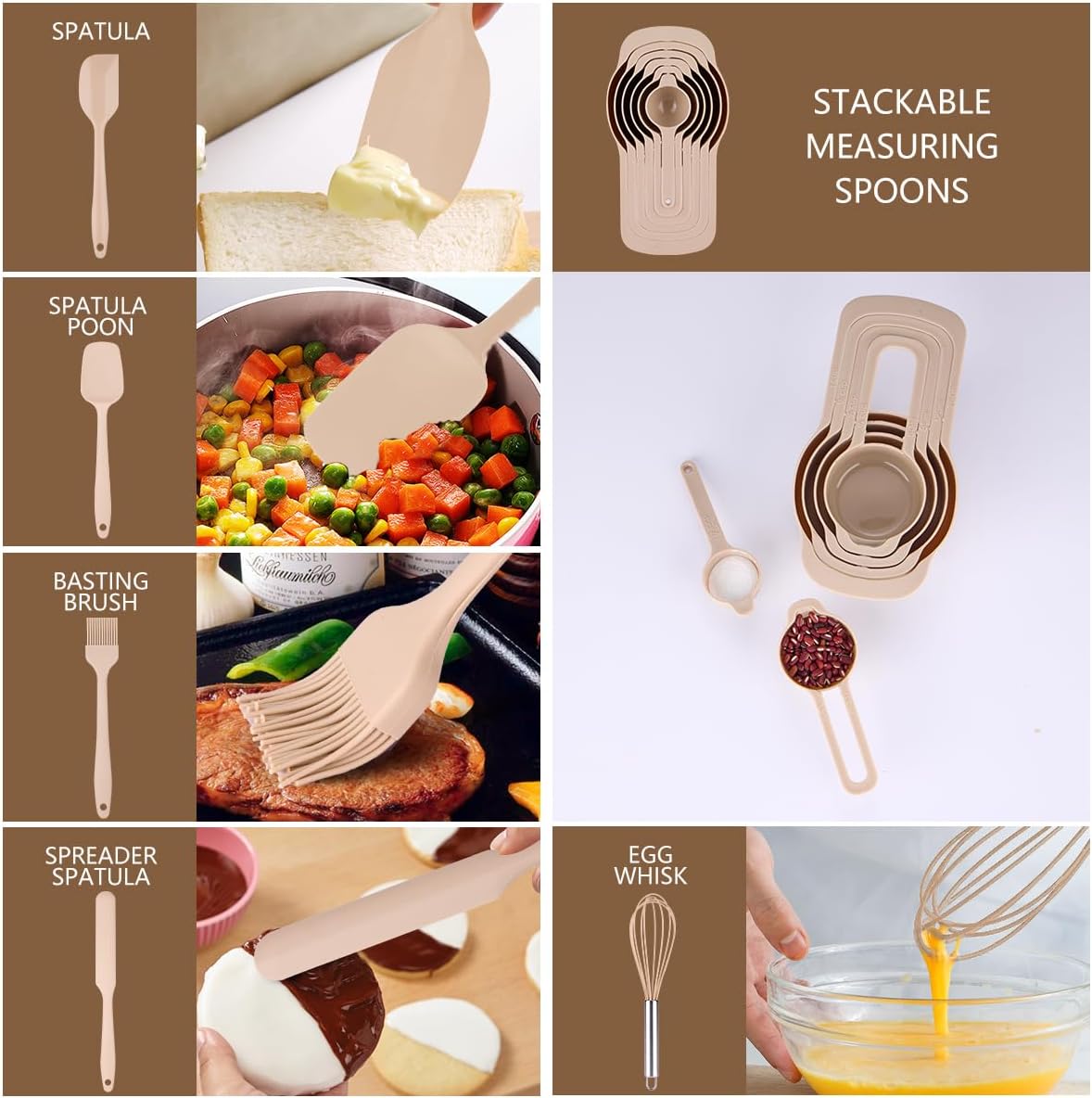 Mixing Bowls with Lids set - 25 PCS Stainless Steel Nesting Khaki Mixing Bowls Set for Baking,Mixing,Serving & Prepping,Size 5, 3.7, 2.8, 2.3, 1.7, 1.1, 0.7QT, 11 Cooking Utensils