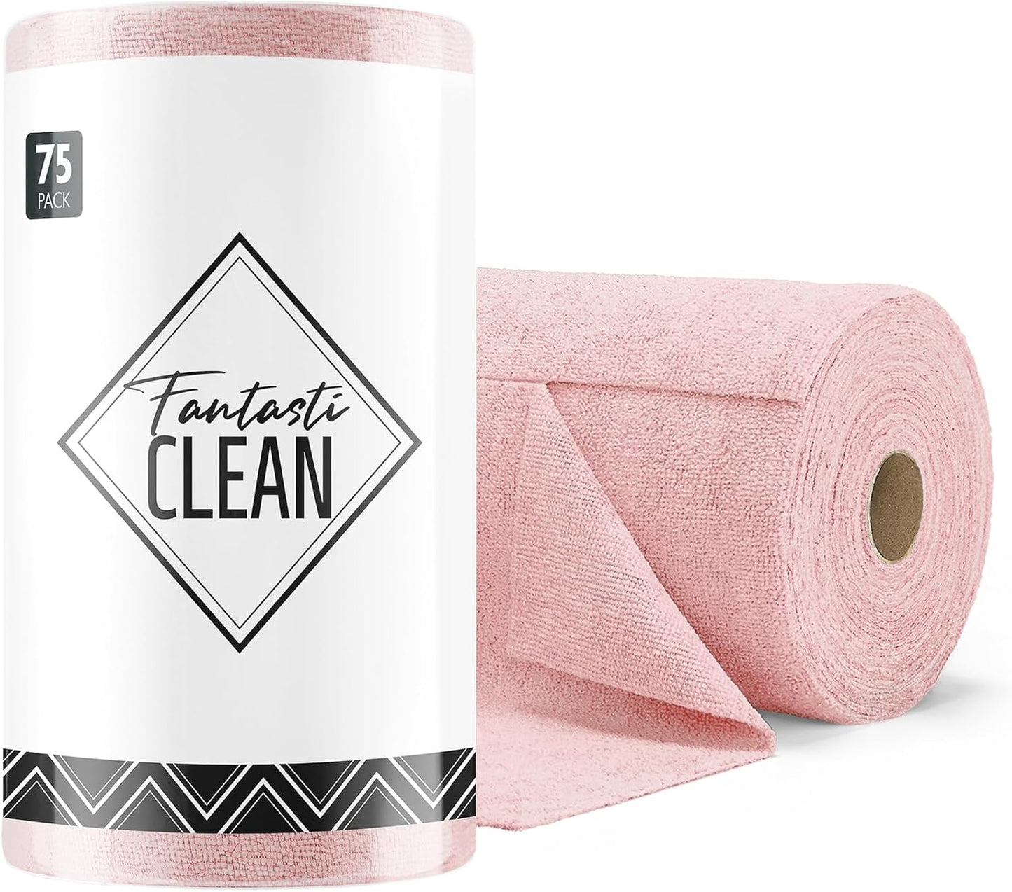 Fantasticlean Microfiber Cleaning Cloth Roll -75 Pack, Tear Away Microfiber Towels, 12" x 12", Reusable, Washable, Scratch Free, Ultra Absorbent Dish Rags for Car, Home, Garage or Shop (Pink)