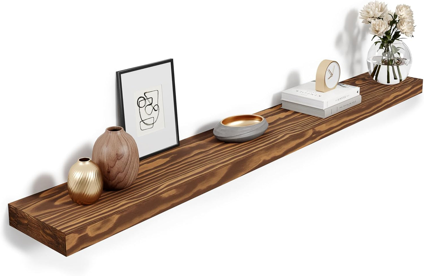 72'' Pine Wood Floating Shelf for Wall - Rustic Wall Mounted Wooden Shelf for Stylish Home Décor, Fireplace Mantel 72inch (Light Walnut, 72x8x2) - 1pcs