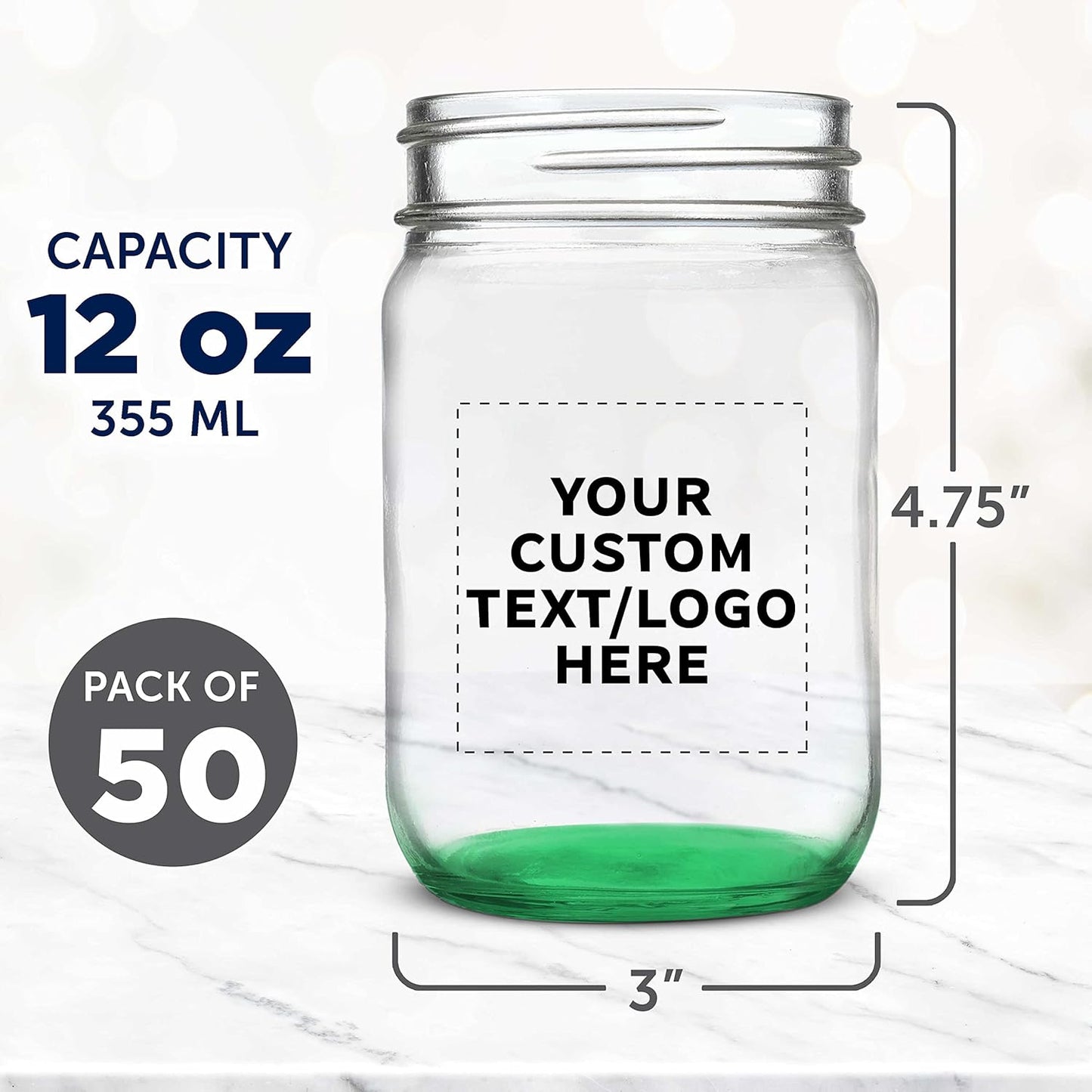 DISCOUNT PROMOS Custom Decorating Mason Jars 12 oz. Set of 50, Personalized Bulk Pack - Glass Jars for Overnight Oats, Candies, Fruits, Pickles, Spices, Beverages - Green