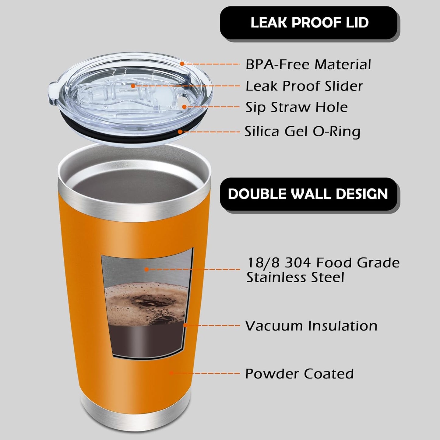 20oz Tumbler Bulk Stainless Steel Tumblers with Lid Vacuum Insulated Double Wall Travel Coffee Mug Powder Coated Tumbler Cup for Hot and Cold Drinks(Orange, 6 pack)
