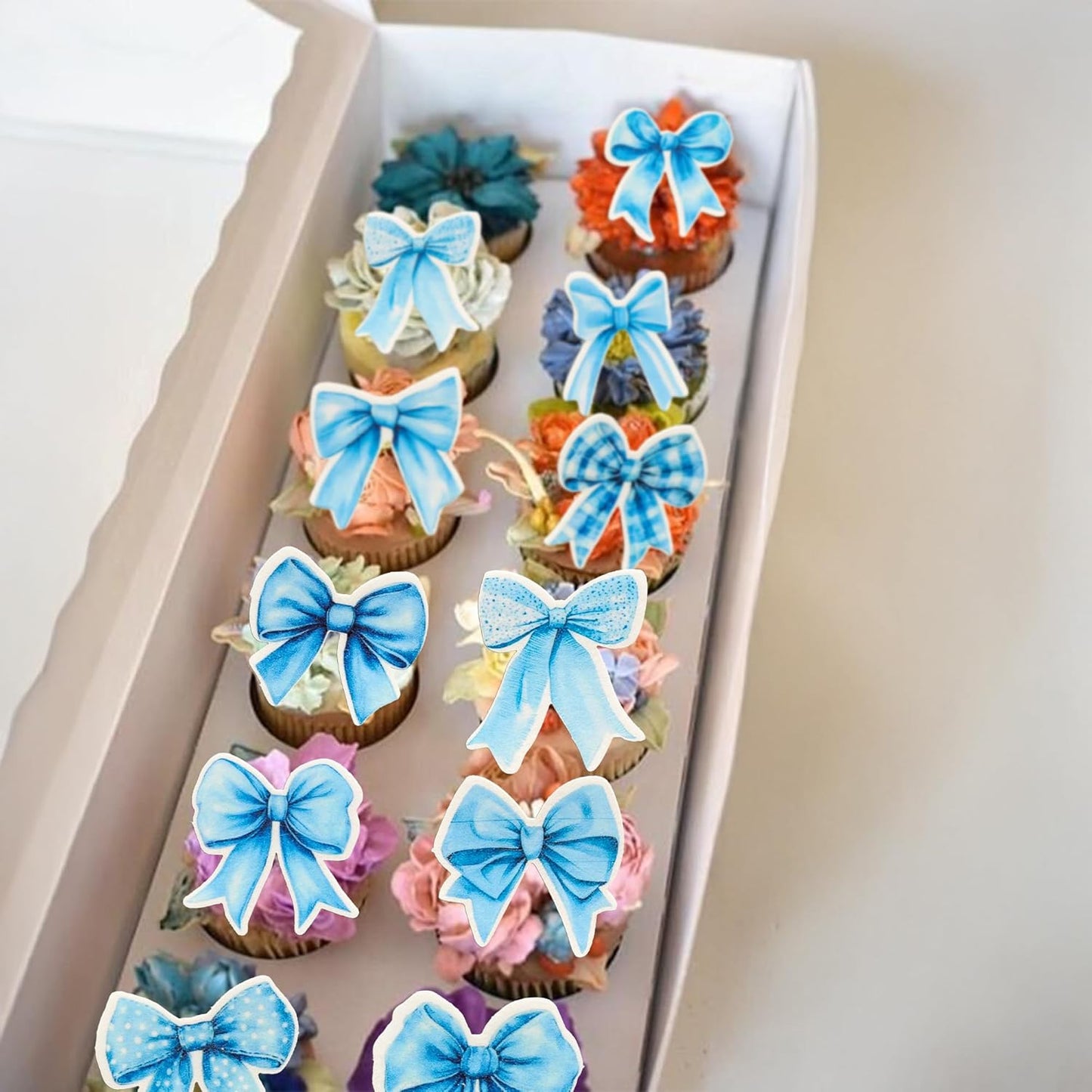 Gyufise 50Pcs Edible Blue Bowknot Cupcake Toppers Wafer Paper Bowknot Cake Dessert Picks Baby Shower Princess Cupcake Toppers for Birthday Party Decoration Supplies
