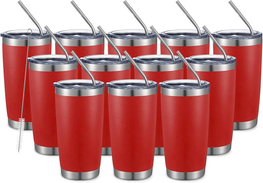 COMOOO 20oz Double Wall Vacuum Insulated Travel Mug, Stainless Steel Tumbler with Lid and Straw Durable Powder Coated Insulated Coffee Cup for Cold & Hot Drinks (red，12 pack