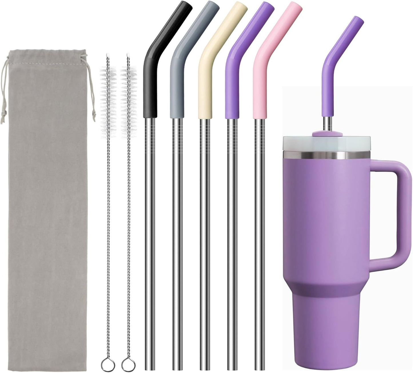 40 oz Metal Straw for Stanley Cup,Simple Modern, Meoky Tumbler, 5 Pcs Reusable Stainless Steel Straws with Silicone Tip, Replacement Straws for 40oz Tumblers, Cleaning Brush, 1 Portable Bag