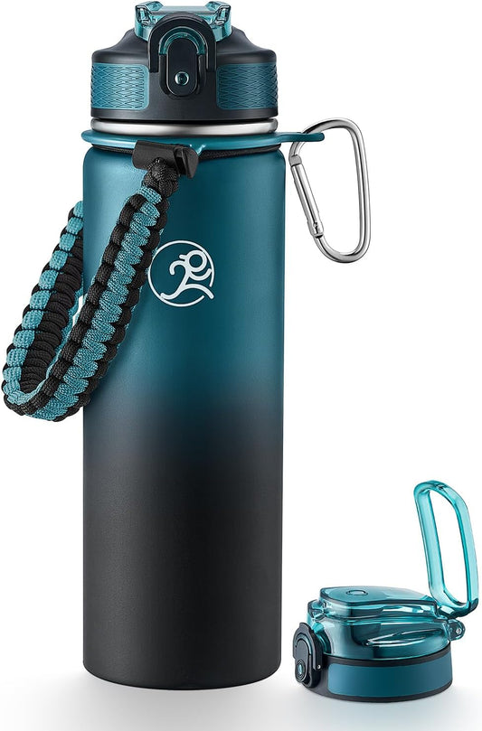 GOSWAG Insulated Sports Water Bottle, 24oz 2 Lids(with Straw/No Straw), Stainless Steel Water Bottles with Paracord Handle, Insulated Bottle with Double-Wall Vacuum Insulation