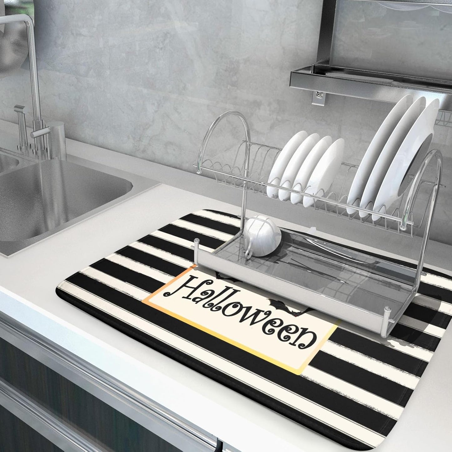 Happy Halloween Bats Dish Drying Mat for Kitchen Counter,Black and White Stripe Drying Mat 18 x 24 Inch with High Absorbent Microfiber Dish Drying Pad Dish Rack Pad Drainer Mat for Coffee Bar