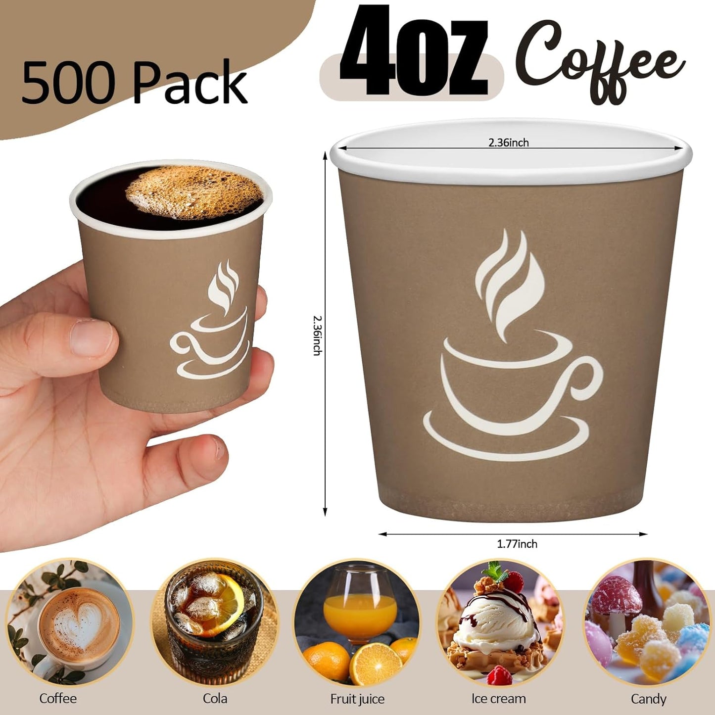 4 oz Paper Coffee Cups - 500 Pack Paper Espresso Cups, Disposable Coffee Cup, Small Paper Cup for Hot or Cold Beverage, Espresso, Capucino for Party, Picnic, Home, Office and Business (Brown)
