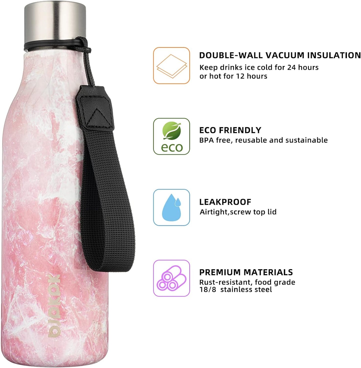 BJPKPK Insulated Water Bottles, 18 oz Stainless Steel Metal Water Bottle with Strap, BPA Free Leak Proof Thermos, Mugs, Flasks, Reusable Water Bottle for Sports& Travel, Blossom