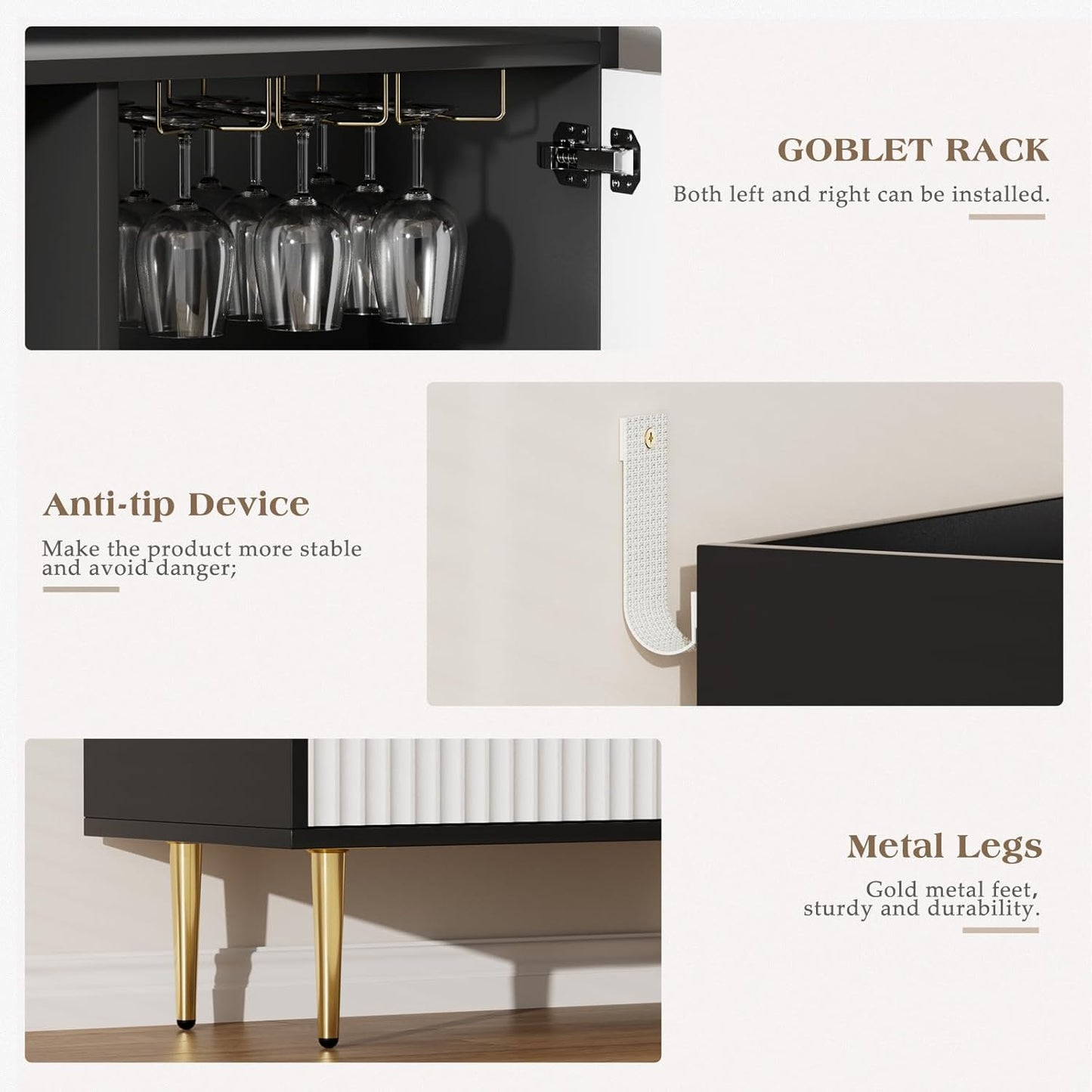 EOYUTLLY Coffee Bar Cabinet with Wine Rack & Glass Holder, Kitchen Wine Cabinet with Drawer and Storage, Liquor Bar Cabinet for Living Room Dining Room, Black Frame + White Door