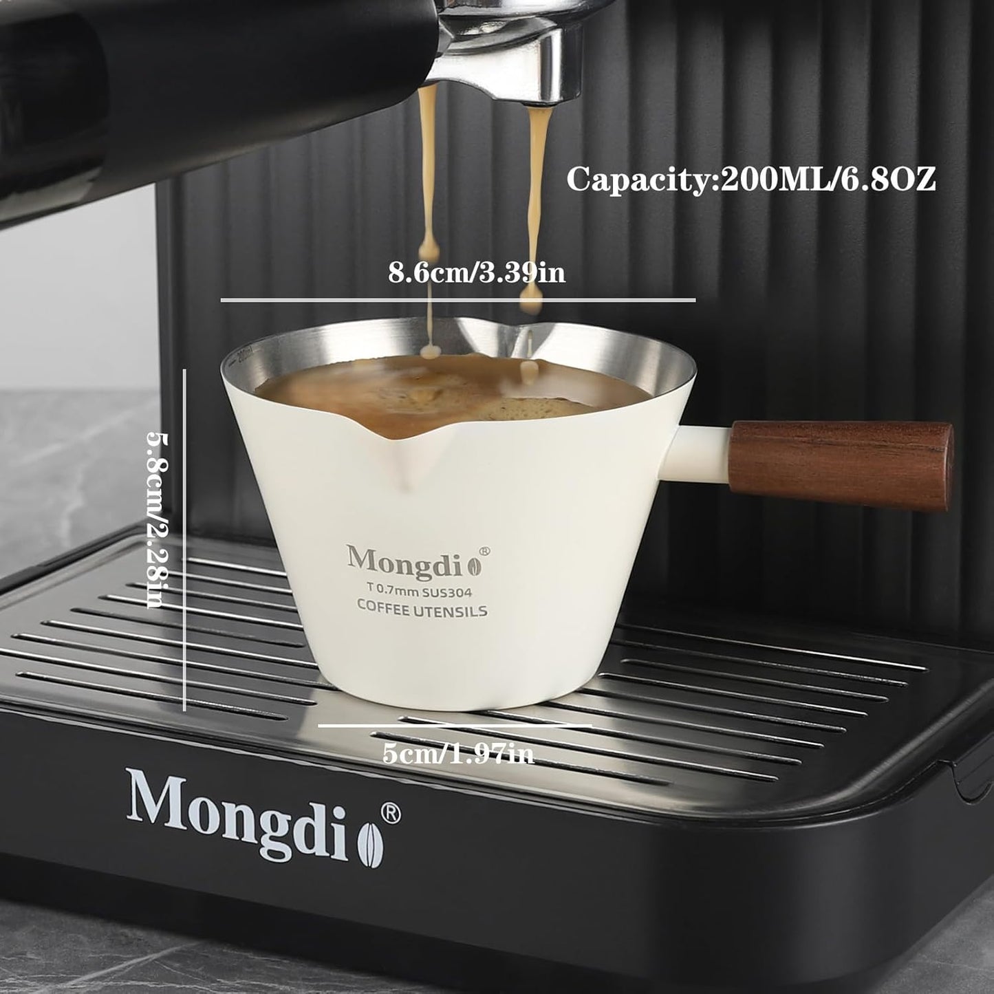 Mongdio Espresso Measuring Cup, Stainless Steel Espresso Shot Cups with Wooden Handle and Double Spouts, 6.8OZ/200ML, White