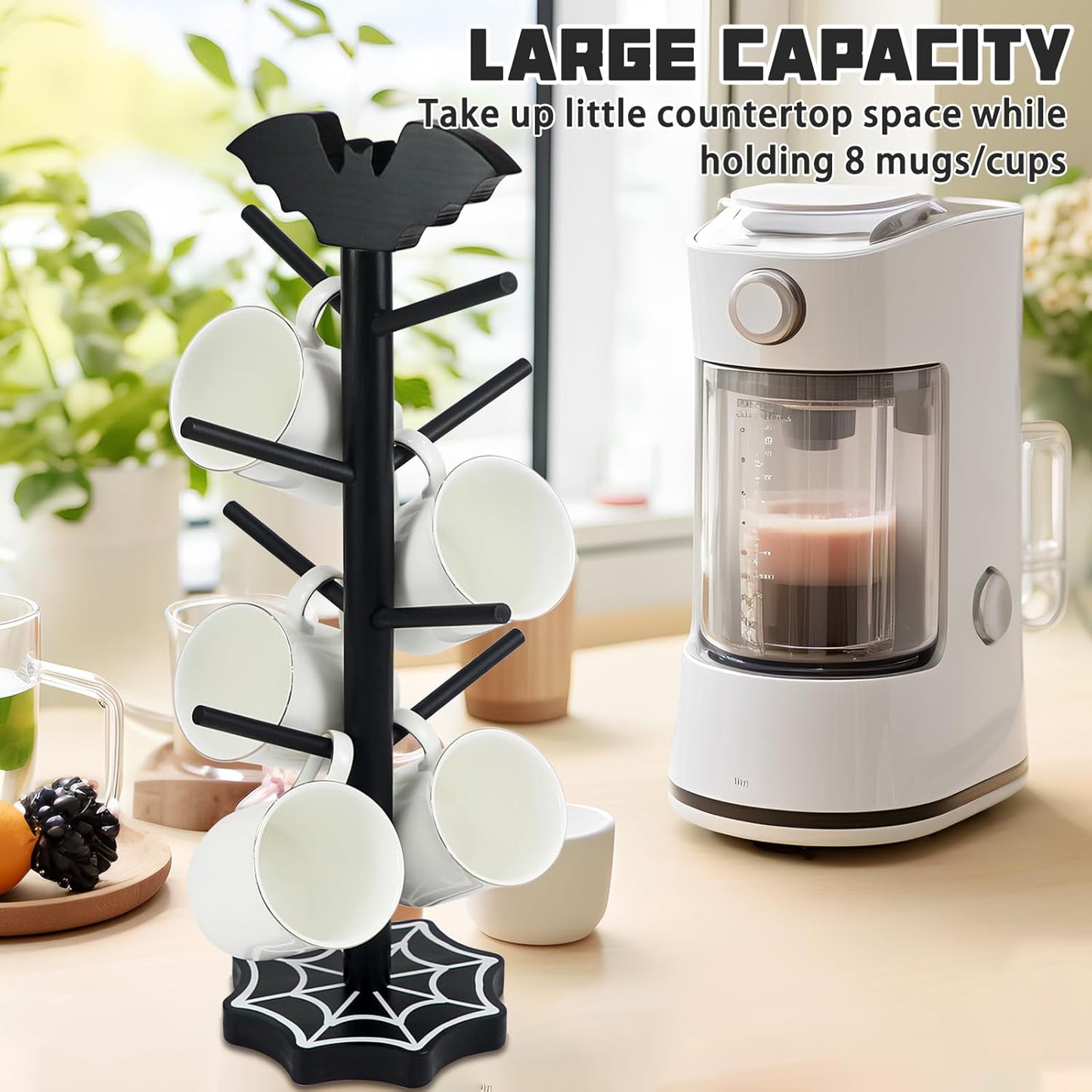 Bat Mug Holder Tree - 8 Hooks Coffee Mug Rack - Gothic Home Decor Wood Coffee Mug Tree for Countertop - Coffee Cup Holder for Halloween Kitchen Organizer & Coffee Bar Accessories (Spider Web)