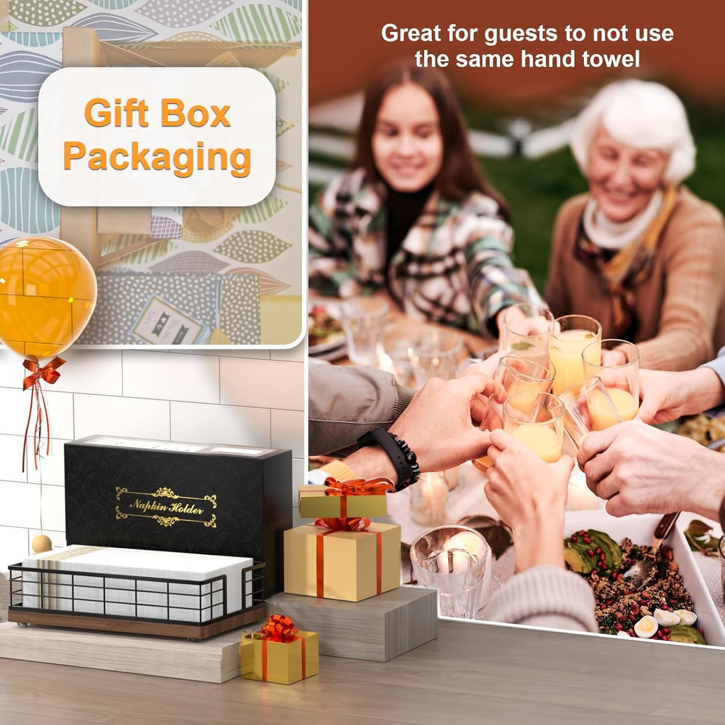 Wican Guest Towel Holder Tray for Bathroom, Oak and Iron Napkins Holder for Powder Room Dinning Table Wooden Basket for Disposable Paper Hand Towels Black & Walnut