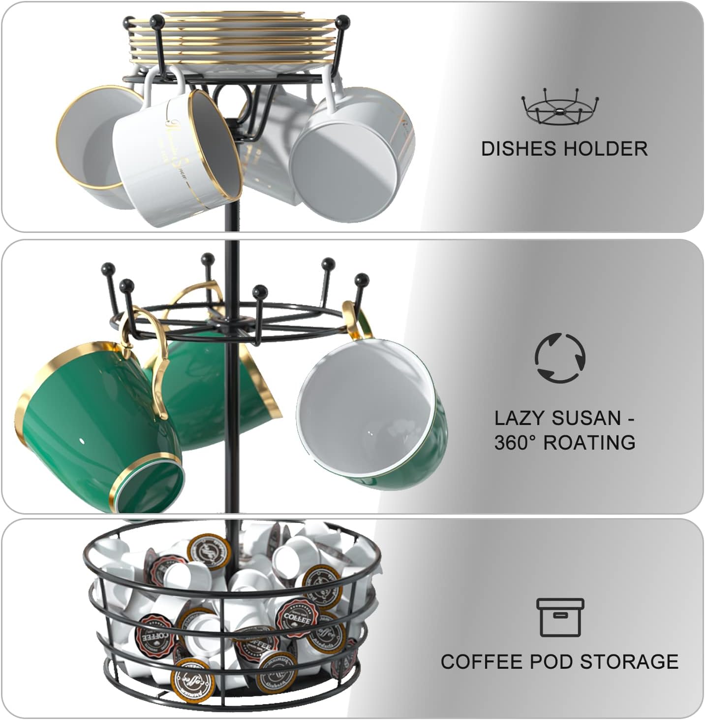 Visentor Rotatable Metal Coffee Mug Rack - 3 Tier Holder with 10 Hooks, Cup Pods & Saucer Basket for Bar Kitchen Counter - Black