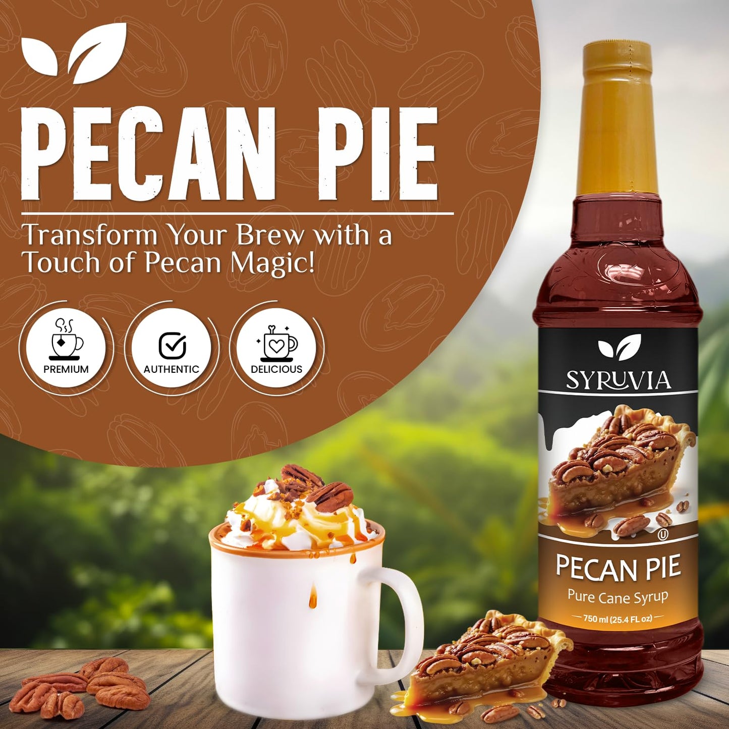 Syruvia Pecan Pie Syrup – 25.4 fl oz Syrup for Coffee, Lattes, Shakes, Smoothies, Desserts – 100% Vegan, Gluten Free, Kosher – Delicious Coffee Syrup