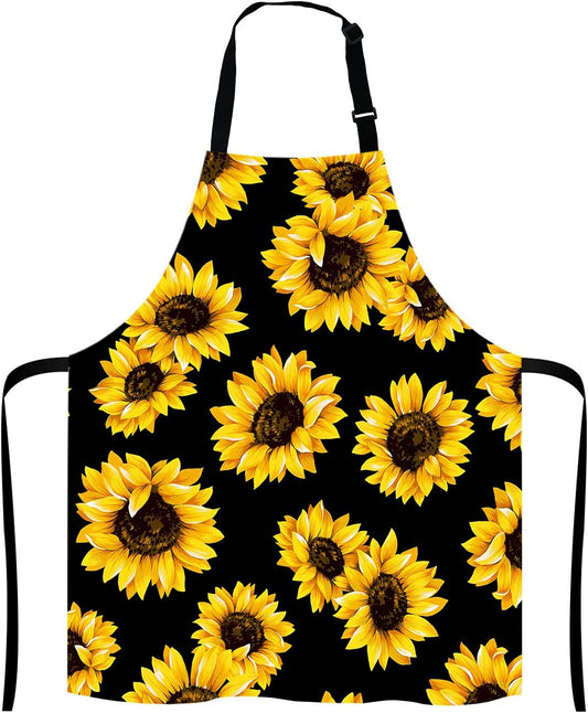 Sunflowers Black Tropical Flower Daisy Adjustable Bib Apron, Cute Floral Sunflower Cooking Kitchen Apron for Men Women