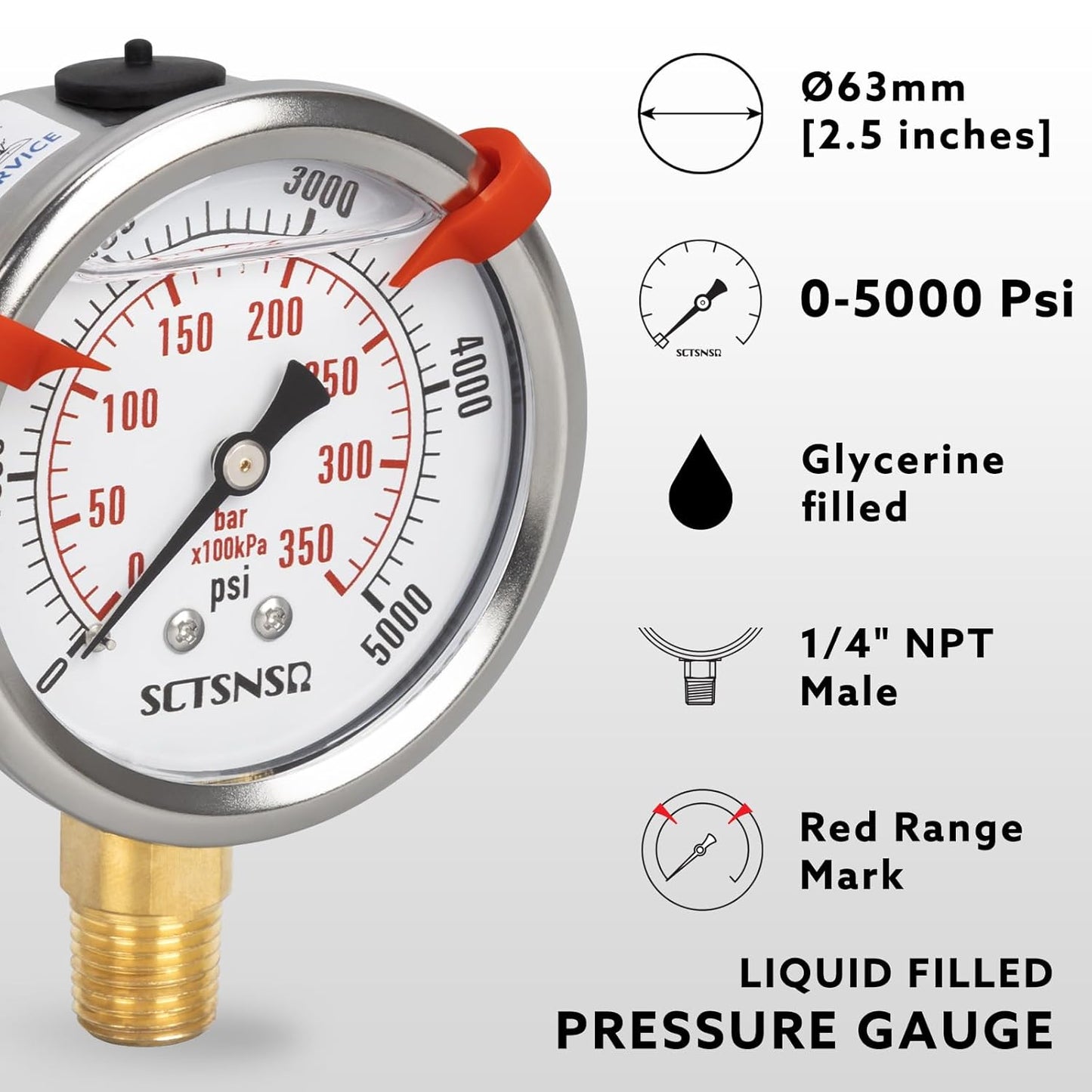 0 to 5000 Psi Hydraulic Pressure Gauge, Glycerin Liquid Filled, 2.5 inch Dial, 1/4" NPT Lower Mount, Stainless Steel Case, for Regulator, HVAC System, Beer Keg, Brew Setup，High Pressure Test