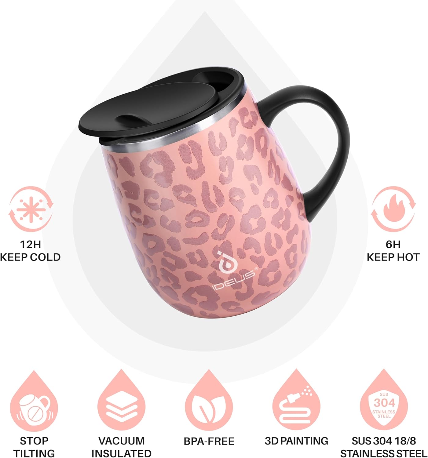 Ideus 16 oz (470 ml) Insulated Coffee Mug with Handle and Lid, Double Wall Stainless Steel Vacuum Thermal Coffee Mug, Travel Coffee Cup Thermal Cup for Home and Office, Leopard Pink