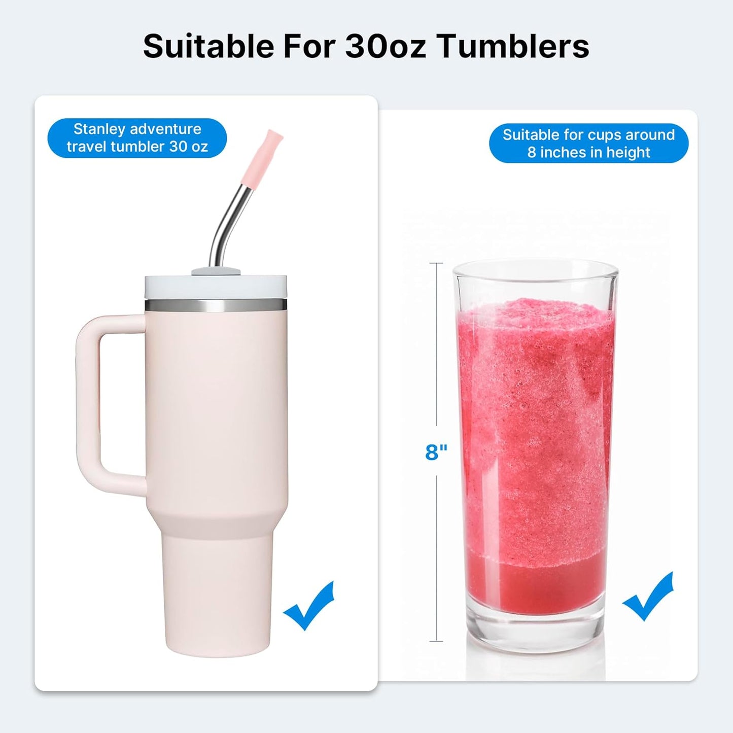 Repeatable Metal Straw with Silicone Tips for 30 oz Stanley Tumbler, 2 Pcs 30 oz Stainless Steel Straws Replacement for Stanley Tumbler, 1 Straw Brush, BPA Free（Light Pink）