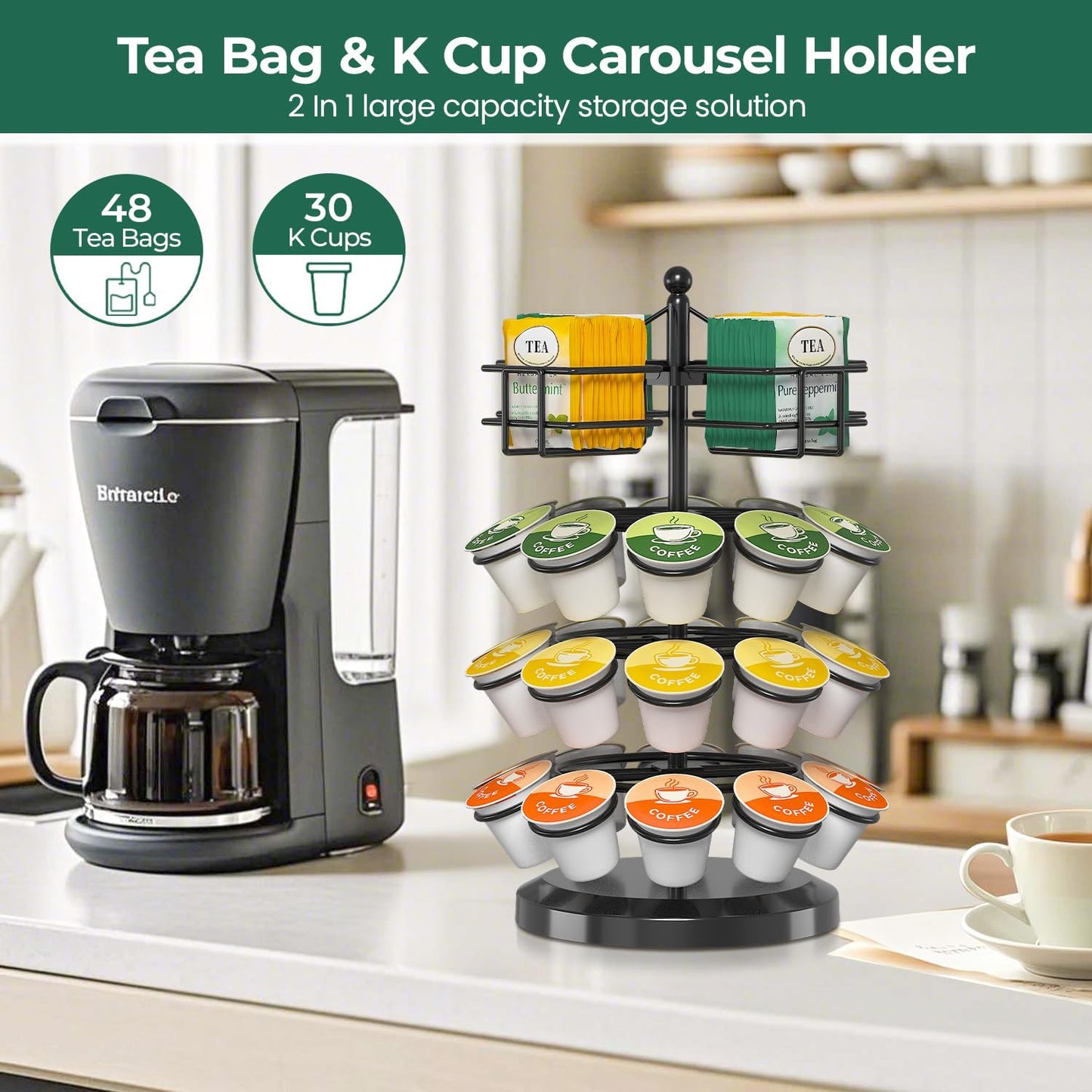 EsLuker.ly K Cup Holder Coffee Pod Organizer Carousel for Countertop, Rotatable Metal 4-Tier Storage Rack Stand for 30 K Cups & Tea Bags, Convenience Meets Elegance
