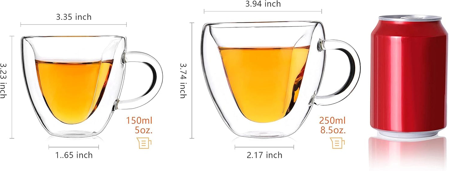 CNGLASS Mothers Day Gifts for Mom,Double Wall Heart Shaped Glass Coffee Mugs 8.5oz,Insulated Clear Tea Cups with Handle,Unique Glass Espresso Mugs for Coffee,Cappuccino,Latte,Milk,Set of 2