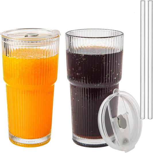 20oz Ribbed Glass Cups with Lids and Straws 2 Set, Vintage Glassware for Whiskey Cocktail Beer, Glass Tumbler, Iced Coffee Cups For Cold Drinks, Smoothie, Juice,Drinking (2)