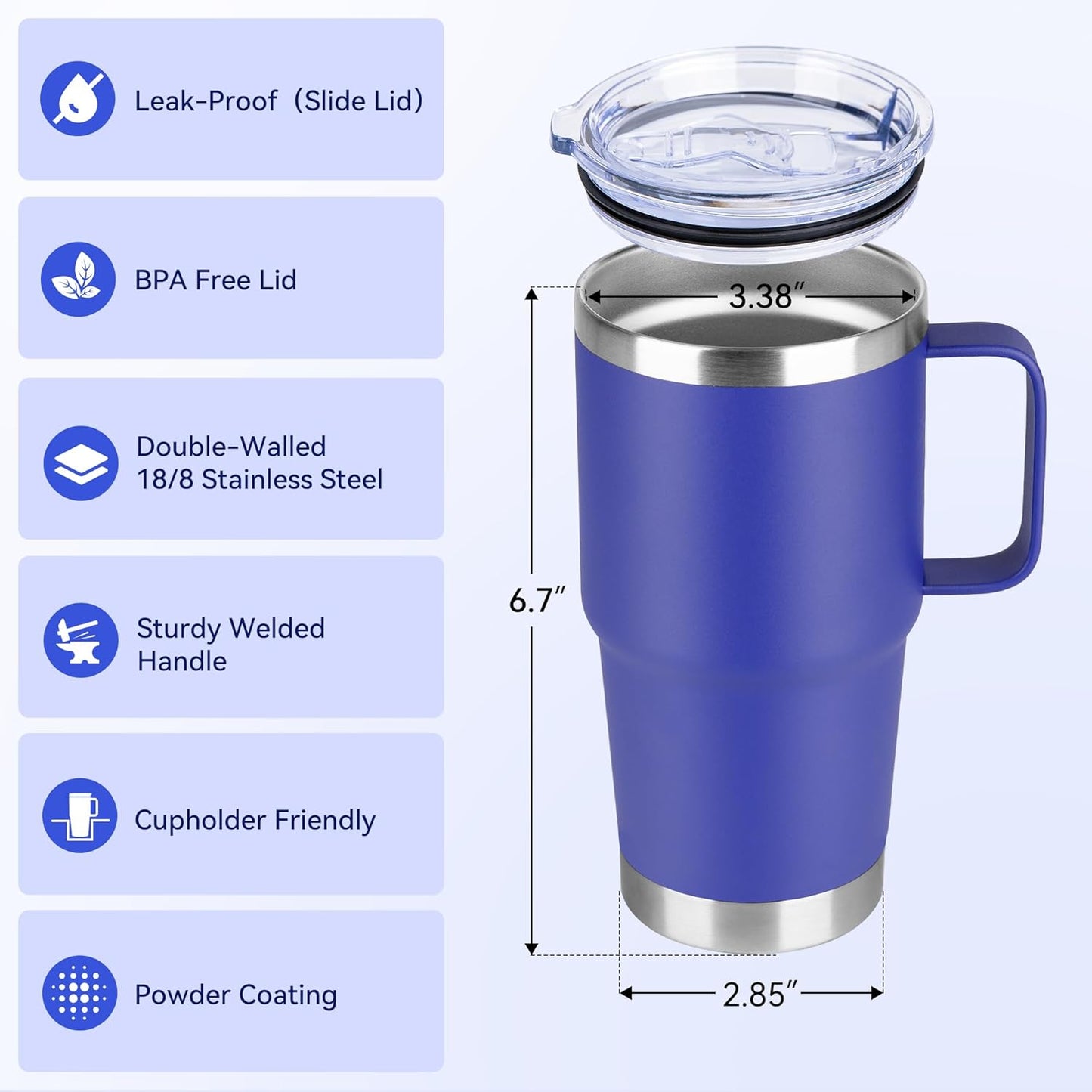 HASLE OUTFITTERS 20oz Tumbler with Handle & Lid, Insulated Stainless Steel Travel Mug, Leakproof Cup for Coffee, BPA-Free Double-Wall Vacuum Tumblers for Hot/Cold Drinks, Commuter, Gym, Office, Blue