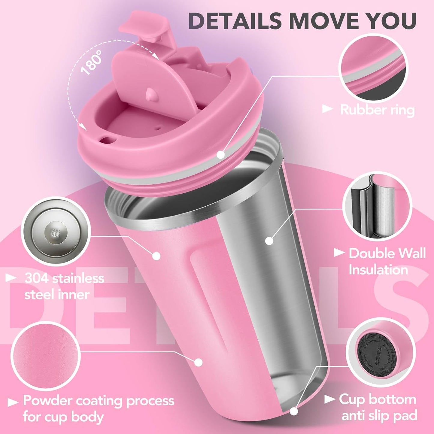 Volhoply 12 oz Double Wall Insulated Vacuum Travel Coffee Mug with Flip Lid,Reusable Stainless Steel Leak Proof Coffee Cup,Portable Iced Cafe Thermal Tumbler Suitable for Hot & Cold Drinks(Pink,1 Set)