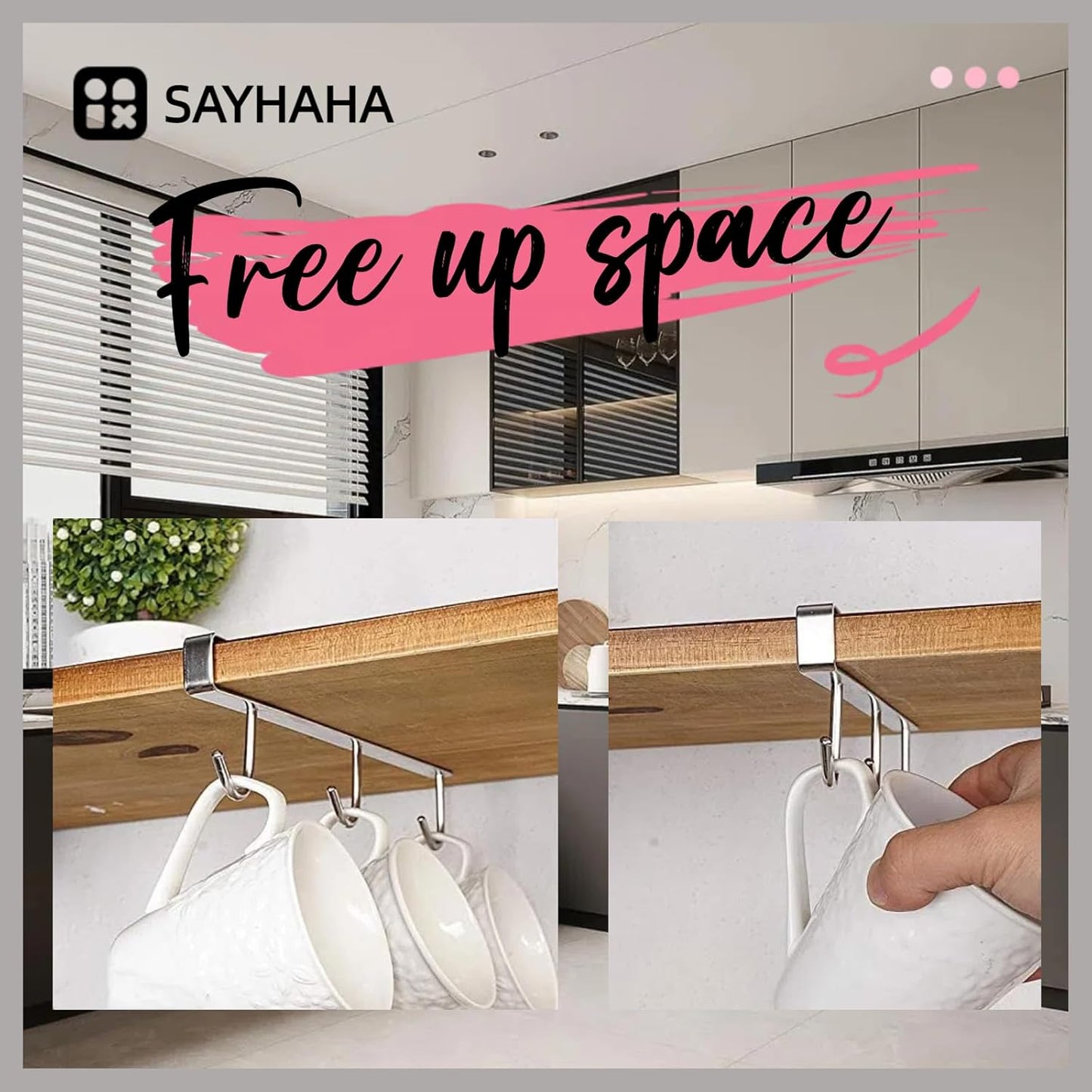 Mug Hooks Under Cabinet , 304 Stainless Steel Cup Hooks for Hanging Under Shelf, Mug Organizer Rack with 6 Hooks for Displaying Mugs, Coffee Cups and Kitchen Utensils,Fit for 0.8" or Less thickness