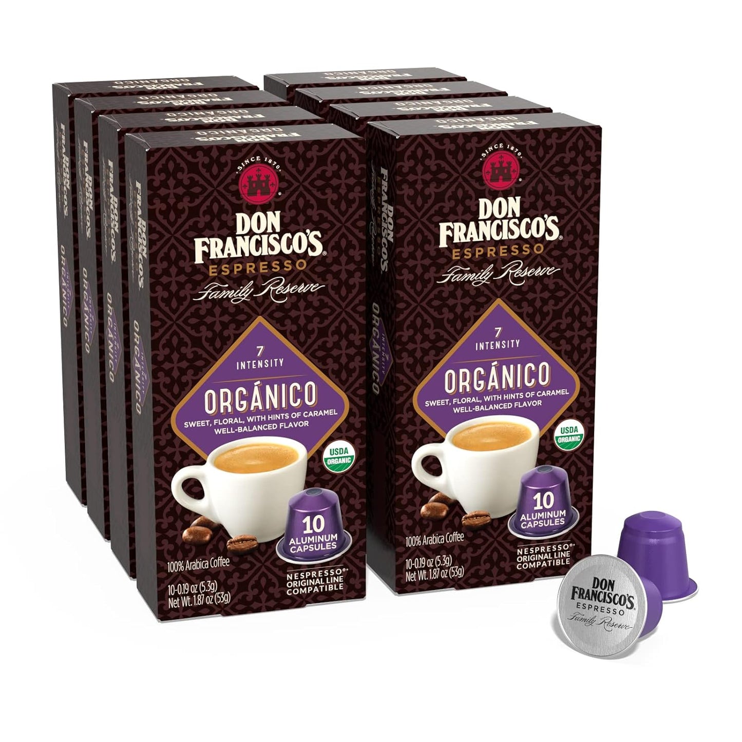 Don Francisco's Organico Espresso Pods: 80 Dark Roast Aluminum Capsules, Intensity 7, Compatible with Nespresso Original Line Machines - Bold Cuban-Style coffee with Caramel Notes