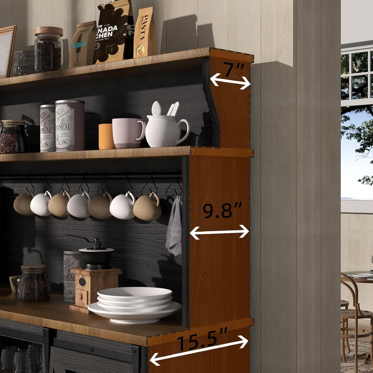 55'' Farmhouse Coffee Bar Cabinet with 3 Tier Storage Hutch, Coffee Bar Station with Sliding Barn Door, Hutch Storage Cabinet with 12 Wine Racks & 9 Hooks for Kitchen Dining Living Room