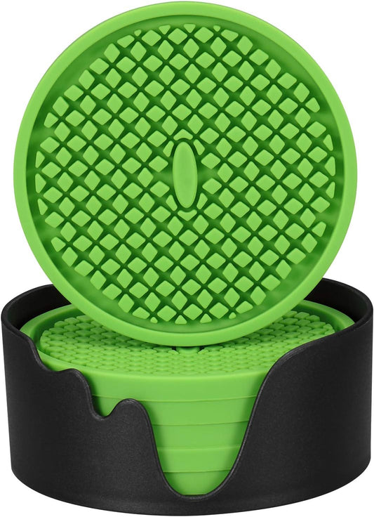 ME.FAN Silicone Coasters [6 Pack] Thickened Drink Coasters with Holder - Cup Mat - Non-Slip, Non-stick, Stay Put, Deep Tray - Prevents Furniture and Tabletop Damages(Green)