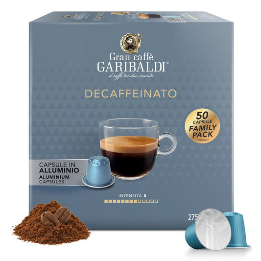 Gran Caffè Garibaldi Decaffeinated Espresso Pods, Italian Roast Coffee, Decaf Capsules Compatible with Nespresso Original Line Machines, Nitrogen Flushed, Intense & Rich Aroma - Decaffeinato (Aluminum) 50 Cups