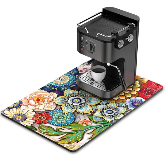 Rnivvi Coffee Mat, 16" x 24" Cute Flower Theme Coffee Bar Mats for Espresso Machine Station Accessories and Organizer, Hide Stain Rubber Backed Absorbent Dish Drying Pad for Kitchen Counter, Mandala