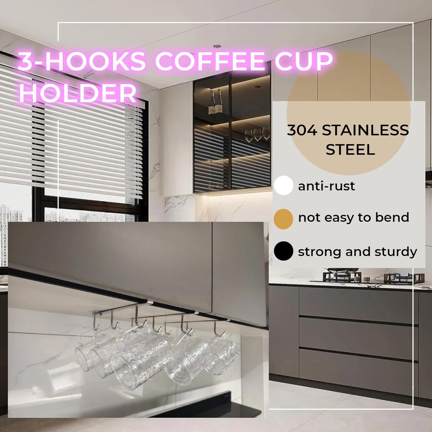 Mug Hooks Under Cabinet , 304 Stainless Steel Cup Hooks for Hanging Under Shelf, Mug Organizer Rack with 3 Hooks for Displaying Mugs, Coffee Cups and Kitchen Utensils,Fit for 0.8" or Less thickness