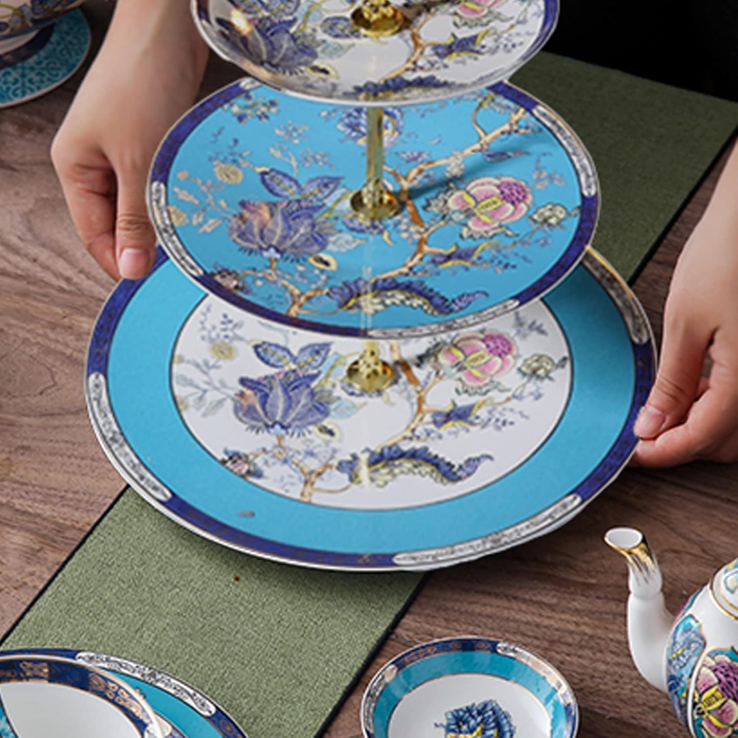 ACMLIFE Bone China Tea Sets with Cake Stand 3 Tiers for 6 Adults, 21 Piece Vintage Tea Cup Set, Blue Floral Tea Sets for Women Tea Party or Gift Giving China/English Tea Cup Set
