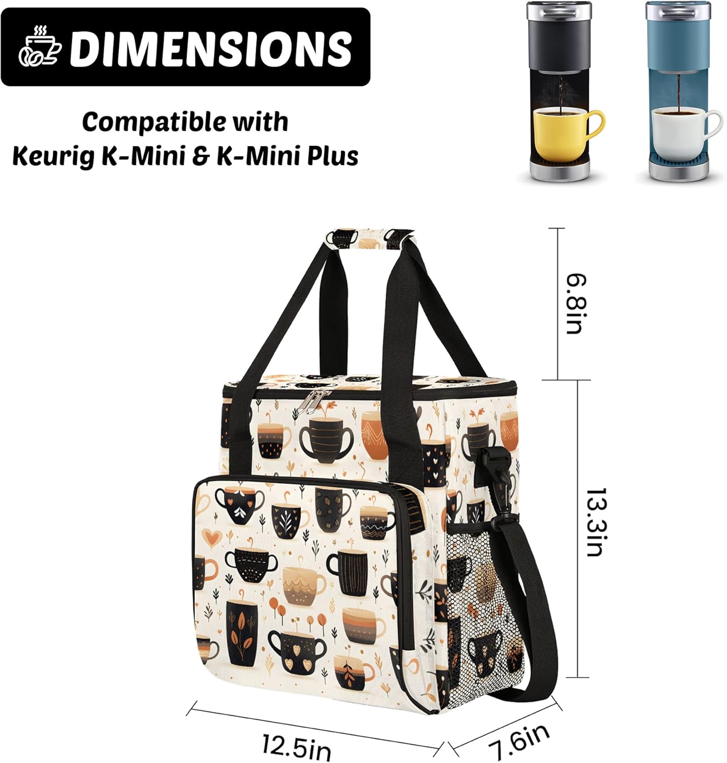 Coffee Maker Travel Bag Compatible with Keurig K-Mini or K-Mini Plus, Single Serve Coffee Brewer Carrying Case with Multiple Pockets for K-Cup Pods, Storage Bag With Shoulder Strap(Bag Only)