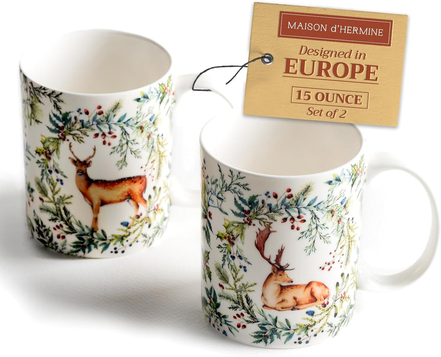 Maison d' Hermine Coffee Mug with Handles Fine Bone China Mugs Pack of Two Tea Cups for Hot Beverages Cappuccino Latte Home Restaurant Office Perfect for Gift (Holly Time, 15 Ounce)