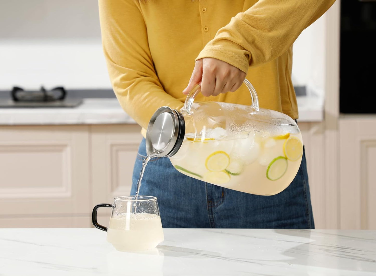 Purefold Pitcher with Lid, 109 Ounces Water Pitcher, Heat Resistant Leakproof, Borosilicate Glassware for Boiling Water, Iced Tea, Juice, Milk, Coffee, Lemonade, Hot and Cold Beverages