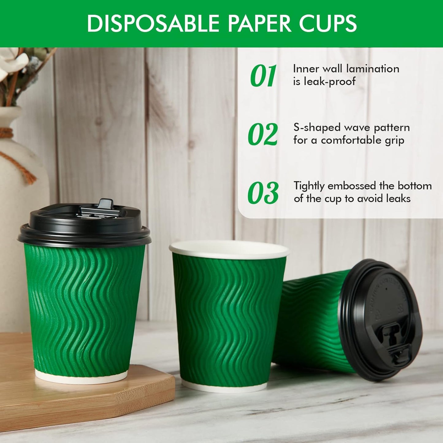 100 Count 8 OZ Coffee Cups with Lids, Insulated Ripple Wall Paper Hot Coffee Cups for Hot Drinks